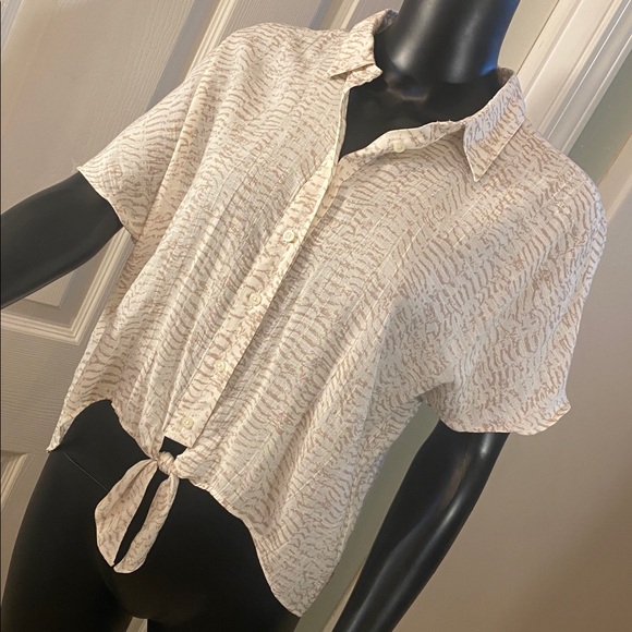 Nine West Cream and Brown Patterned Tie Knot Blouse Top - Picture 4 of 12